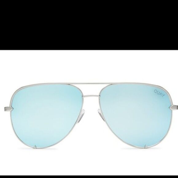 QUAY X Desi High Key Silver and Blue Mirrored Rimless Aviator Sunglasses - Picture 2 of 12